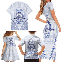 Queen Salote College 100 Years Personalized Family Matching Short Sleeve Bodycon Dress and Hawaiian Shirt Tonga QSC Heilala Lei White Ngatu Pattern LT14 - Polynesian Pride