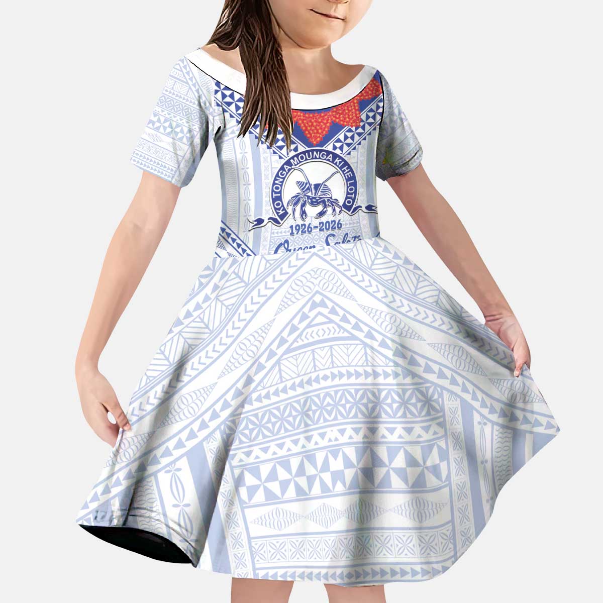 Queen Salote College 100 Years Personalized Kid Short Sleeve Dress Tonga QSC Heilala Lei White Ngatu Pattern