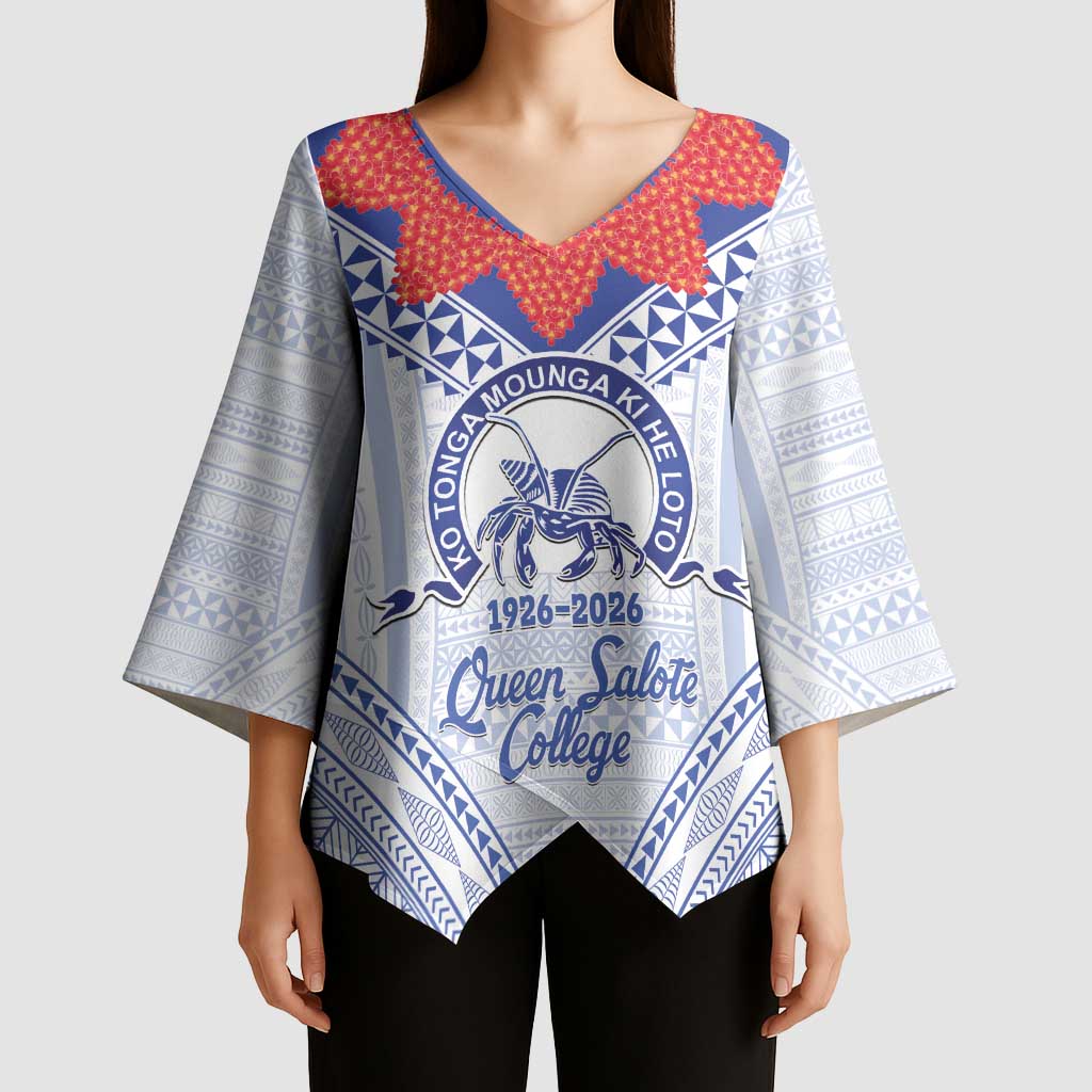 Queen Salote College 100 Years Personalized Kimono Sleeve Blouse Tonga QSC Heilala Lei White Ngatu Pattern