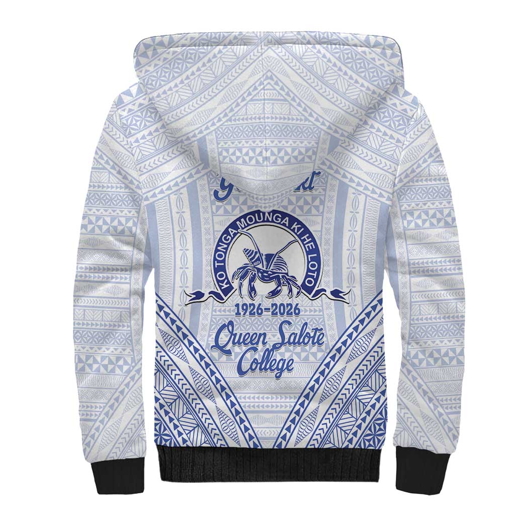 Queen Salote College 100 Years Personalized Sherpa Hoodie Tonga QSC Heilala Lei White Ngatu Pattern