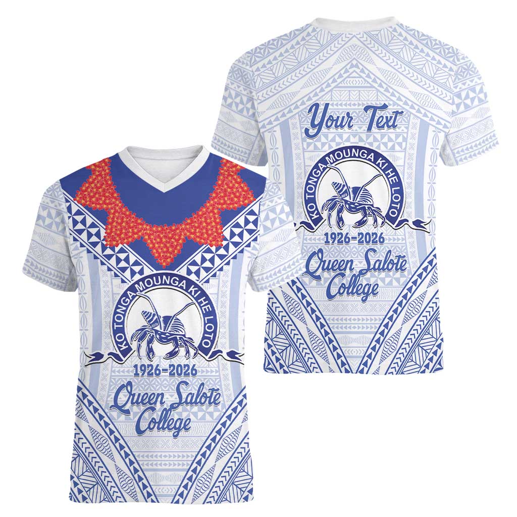 Queen Salote College 100 Years Personalized Women V-Neck T-Shirt Tonga QSC Heilala Lei White Ngatu Pattern
