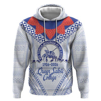 Queen Salote College 100 Years Personalized Zip Hoodie Tonga QSC Heilala Lei White Ngatu Pattern