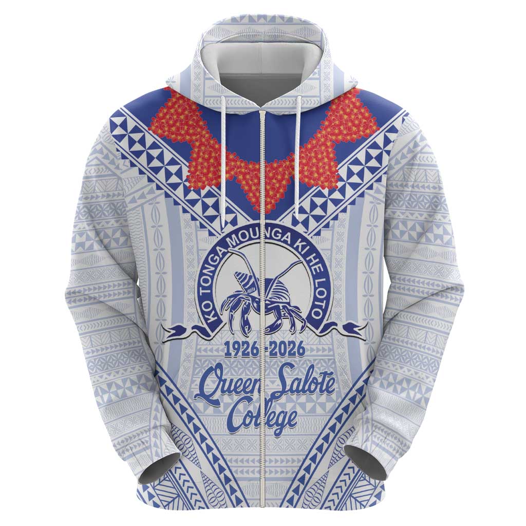 Queen Salote College 100 Years Personalized Zip Hoodie Tonga QSC Heilala Lei White Ngatu Pattern