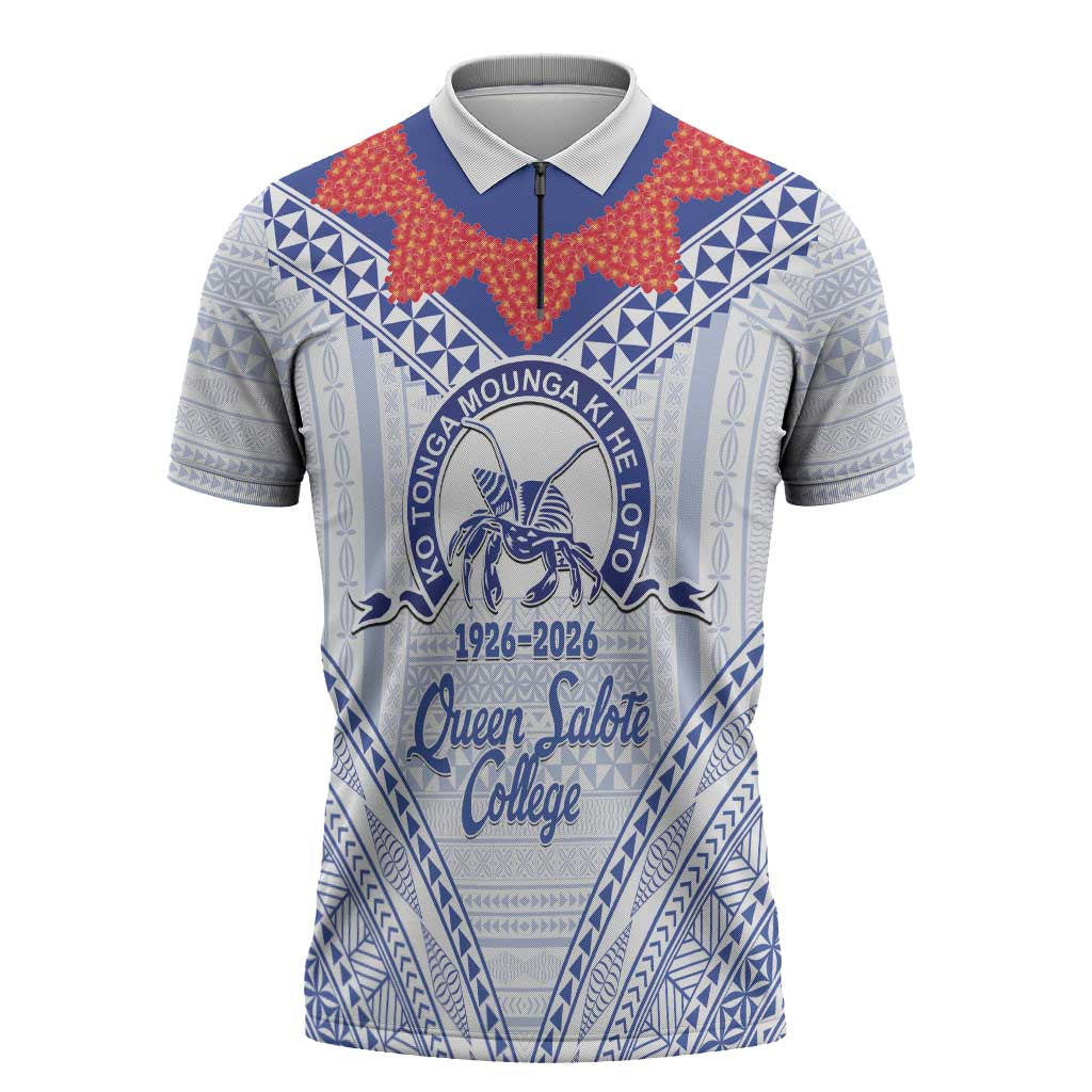 Queen Salote College 100 Years Personalized Zipper Polo Shirt Tonga QSC Heilala Lei White Ngatu Pattern