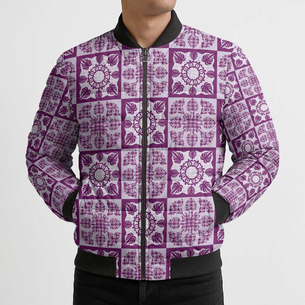 Poni Palaka Quilt Hawaii Bomber Puffer Jacket Hawaiian Tropical Monstera Sea Turtle