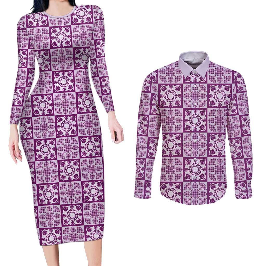 Poni Palaka Quilt Hawaii Couples Matching Long Sleeve Bodycon Dress and Long Sleeve Button Shirt Hawaiian Tropical Monstera Sea Turtle LT14 Purple - Polynesian Pride