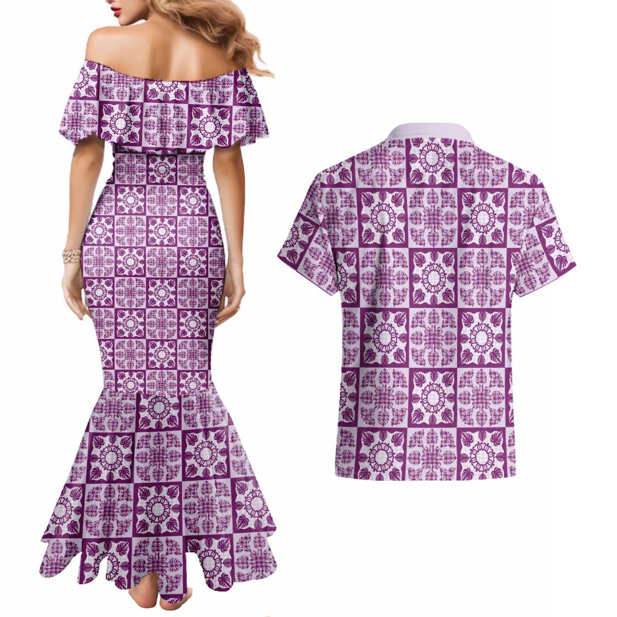Poni Palaka Quilt Hawaii Couples Matching Mermaid Dress and Hawaiian Shirt Hawaiian Tropical Monstera Sea Turtle LT14 - Polynesian Pride