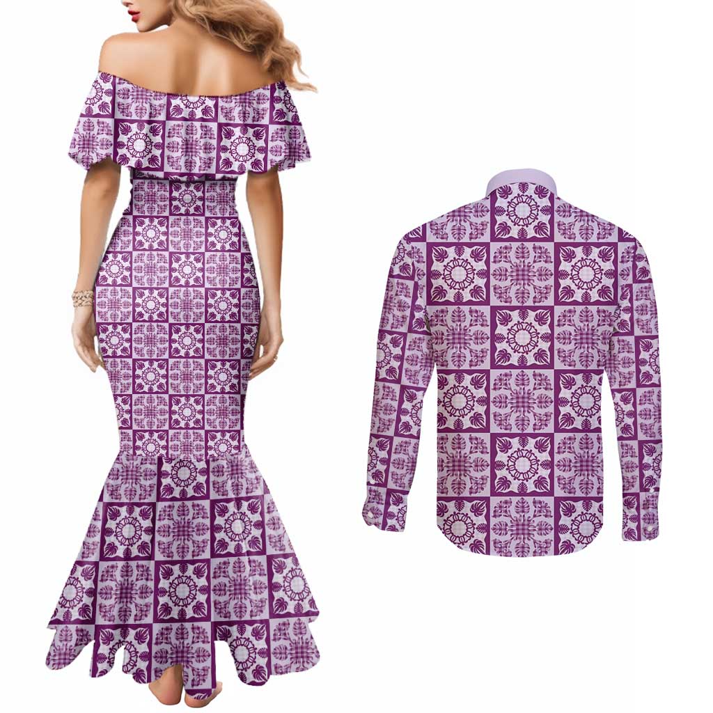 Poni Palaka Quilt Hawaii Couples Matching Mermaid Dress and Long Sleeve Button Shirt Hawaiian Tropical Monstera Sea Turtle LT14 - Polynesian Pride