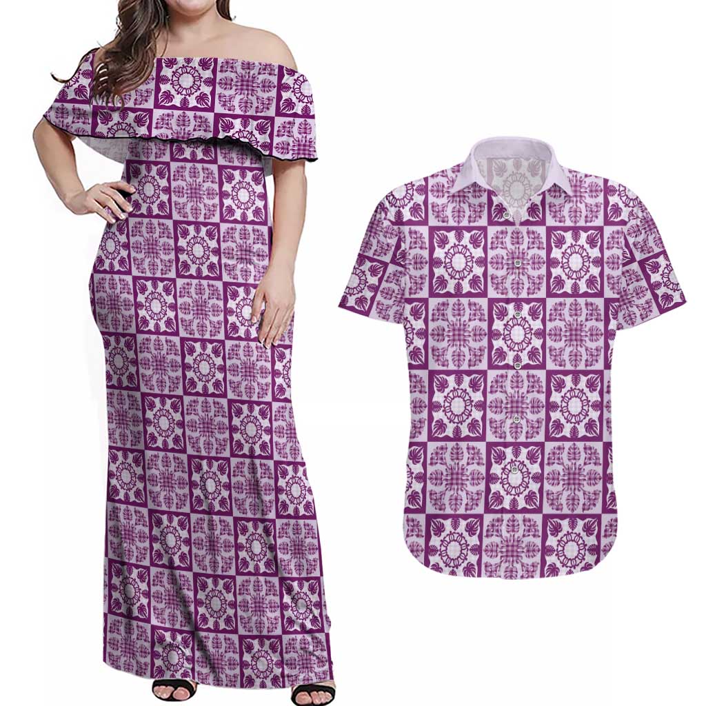 Poni Palaka Quilt Hawaii Couples Matching Off Shoulder Maxi Dress and Hawaiian Shirt Hawaiian Tropical Monstera Sea Turtle LT14 Purple - Polynesian Pride