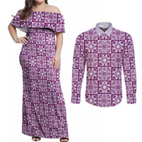 Poni Palaka Quilt Hawaii Couples Matching Off Shoulder Maxi Dress and Long Sleeve Button Shirt Hawaiian Tropical Monstera Sea Turtle LT14 Purple - Polynesian Pride
