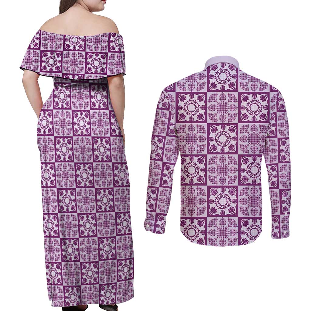 Poni Palaka Quilt Hawaii Couples Matching Off Shoulder Maxi Dress and Long Sleeve Button Shirt Hawaiian Tropical Monstera Sea Turtle LT14 - Polynesian Pride