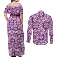 Poni Palaka Quilt Hawaii Couples Matching Off Shoulder Maxi Dress and Long Sleeve Button Shirt Hawaiian Tropical Monstera Sea Turtle LT14 - Polynesian Pride