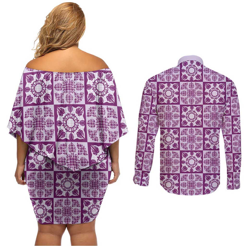 Poni Palaka Quilt Hawaii Couples Matching Off Shoulder Short Dress and Long Sleeve Button Shirt Hawaiian Tropical Monstera Sea Turtle LT14 - Polynesian Pride