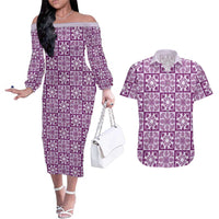 Poni Palaka Quilt Hawaii Couples Matching Off The Shoulder Long Sleeve Dress and Hawaiian Shirt Hawaiian Tropical Monstera Sea Turtle LT14 Purple - Polynesian Pride