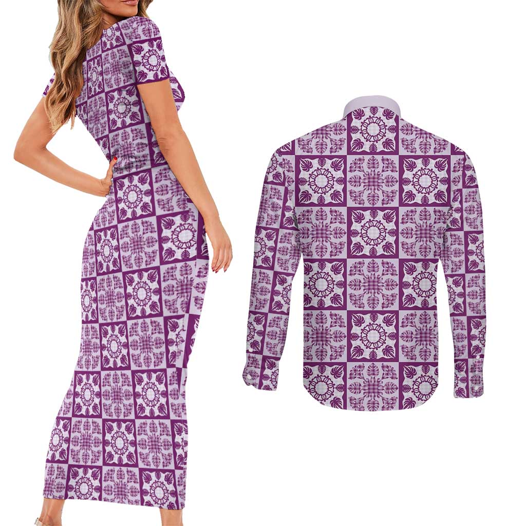 Poni Palaka Quilt Hawaii Couples Matching Short Sleeve Bodycon Dress and Long Sleeve Button Shirt Hawaiian Tropical Monstera Sea Turtle LT14 - Polynesian Pride
