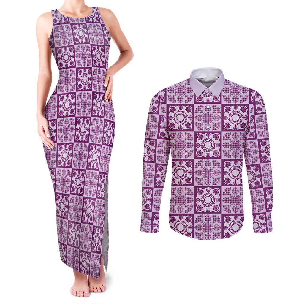 Poni Palaka Quilt Hawaii Couples Matching Tank Maxi Dress and Long Sleeve Button Shirt Hawaiian Tropical Monstera Sea Turtle LT14 Purple - Polynesian Pride