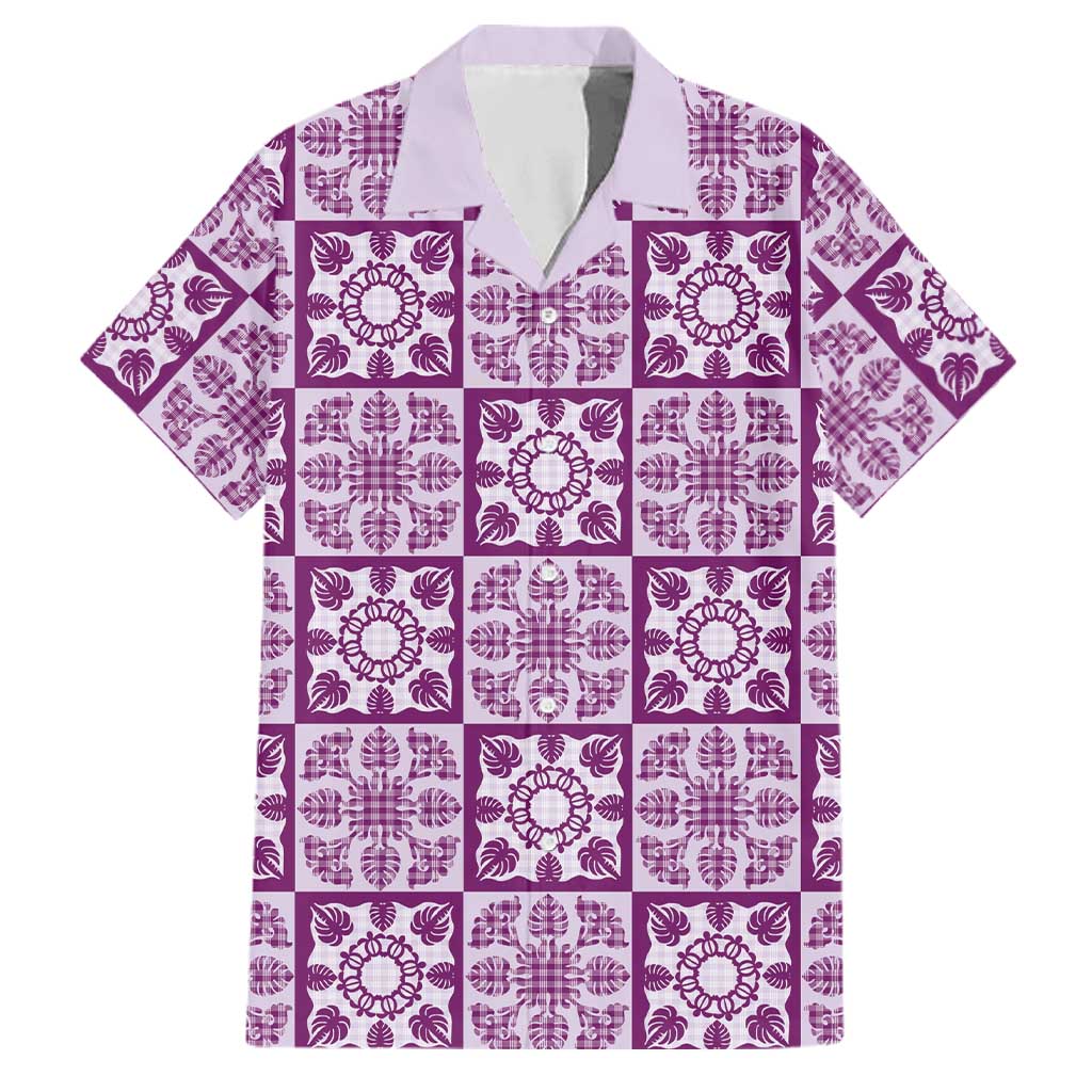 Poni Palaka Quilt Hawaii Family Matching Off Shoulder Maxi Dress and Hawaiian Shirt Hawaiian Tropical Monstera Sea Turtle LT14 Dad's Shirt - Short Sleeve Purple - Polynesian Pride