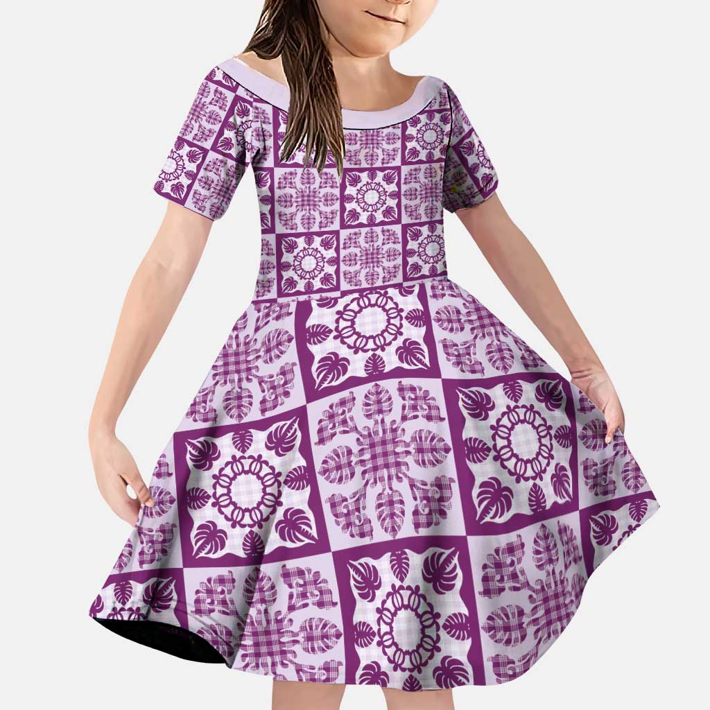 Poni Palaka Quilt Hawaii Family Matching Puletasi and Hawaiian Shirt Hawaiian Tropical Monstera Sea Turtle LT14 Daughter's Dress Purple - Polynesian Pride