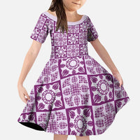 Poni Palaka Quilt Hawaii Family Matching Summer Maxi Dress and Hawaiian Shirt Hawaiian Tropical Monstera Sea Turtle LT14 Daughter's Dress Purple - Polynesian Pride