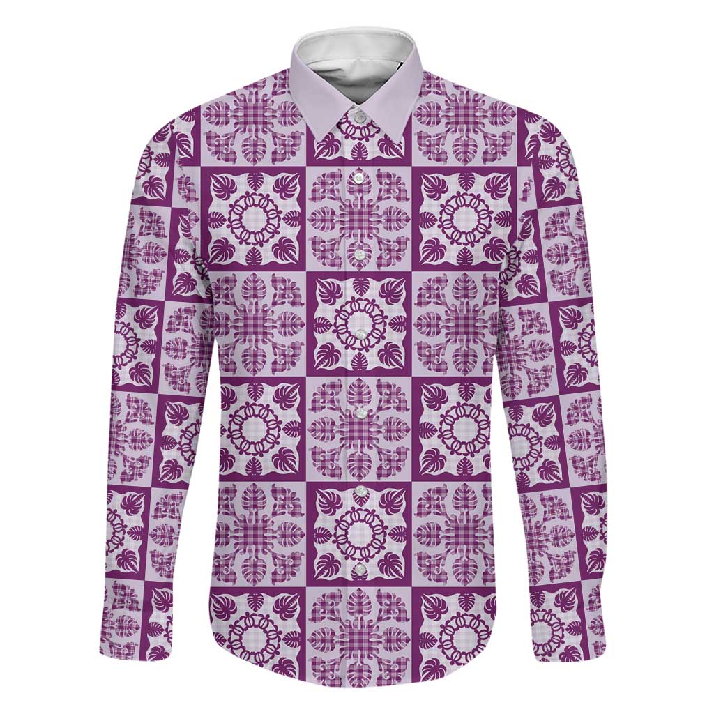 Poni Palaka Quilt Hawaii Family Matching Tank Maxi Dress and Hawaiian Shirt Hawaiian Tropical Monstera Sea Turtle LT14 Dad's Shirt - Long Sleeve Purple - Polynesian Pride