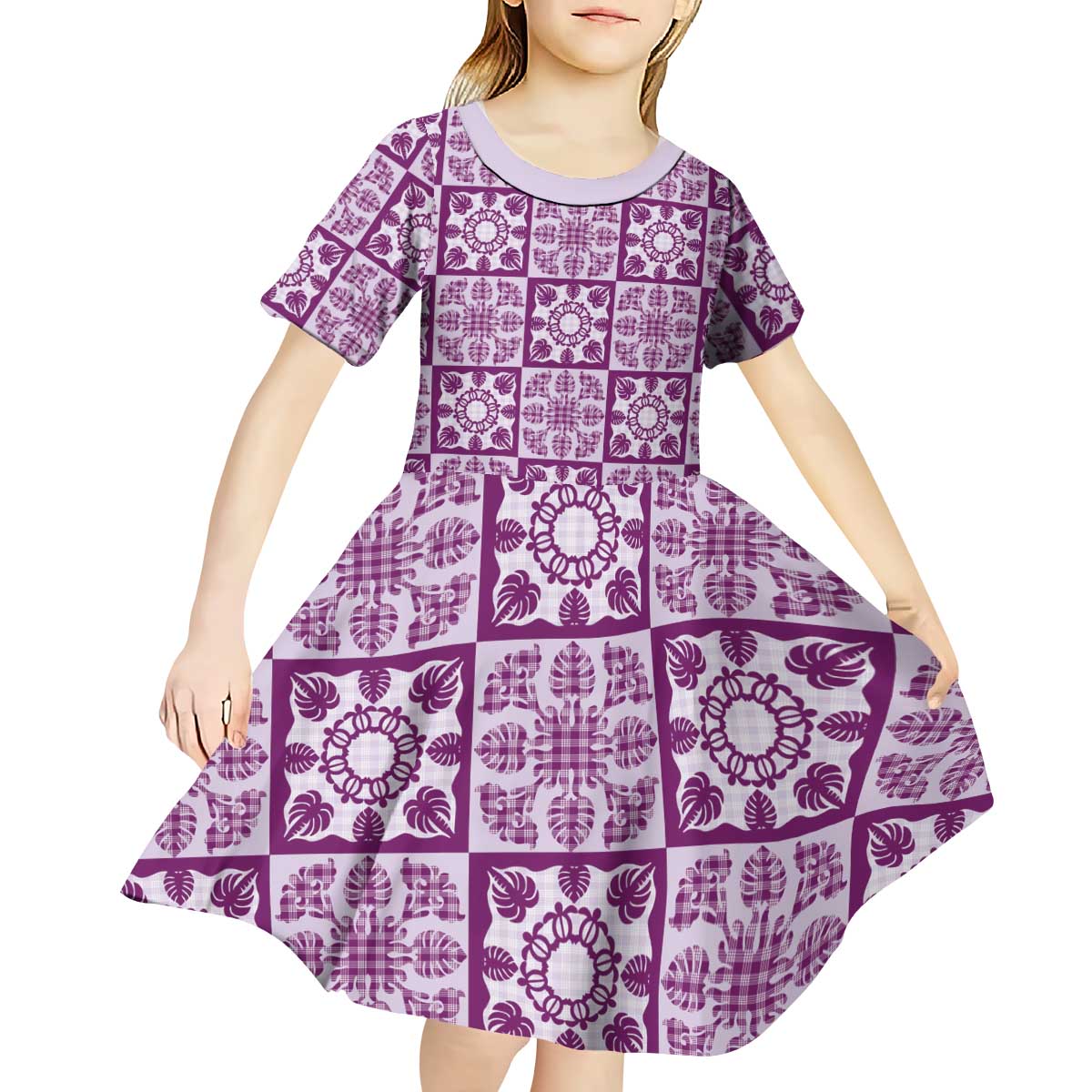 Poni Palaka Quilt Hawaii Kid Short Sleeve Dress Hawaiian Tropical Monstera Sea Turtle LT14 - Polynesian Pride