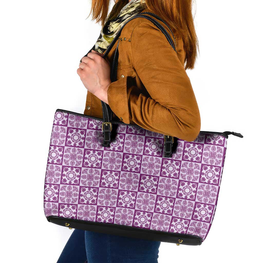 Poni Palaka Quilt Hawaii Leather Tote Bag Hawaiian Tropical Monstera Sea Turtle LT14 Purple - Polynesian Pride
