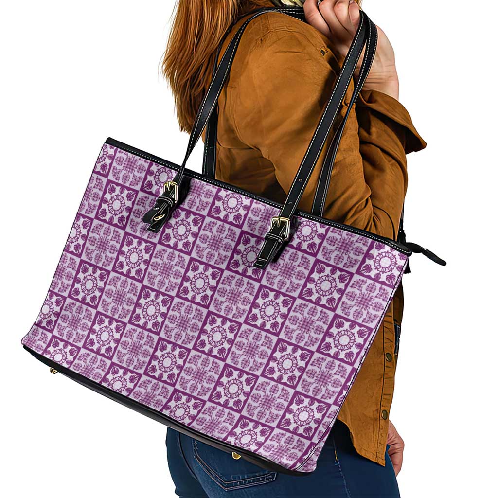 Poni Palaka Quilt Hawaii Leather Tote Bag Hawaiian Tropical Monstera Sea Turtle LT14 - Polynesian Pride