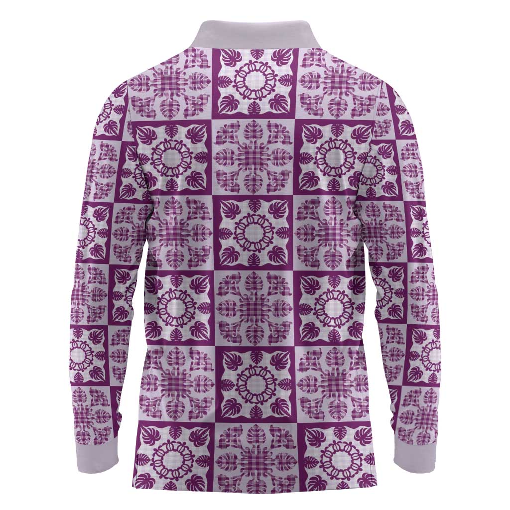 Poni Palaka Quilt Hawaii Long Sleeve Polo Shirt Hawaiian Tropical Monstera Sea Turtle LT14 - Polynesian Pride