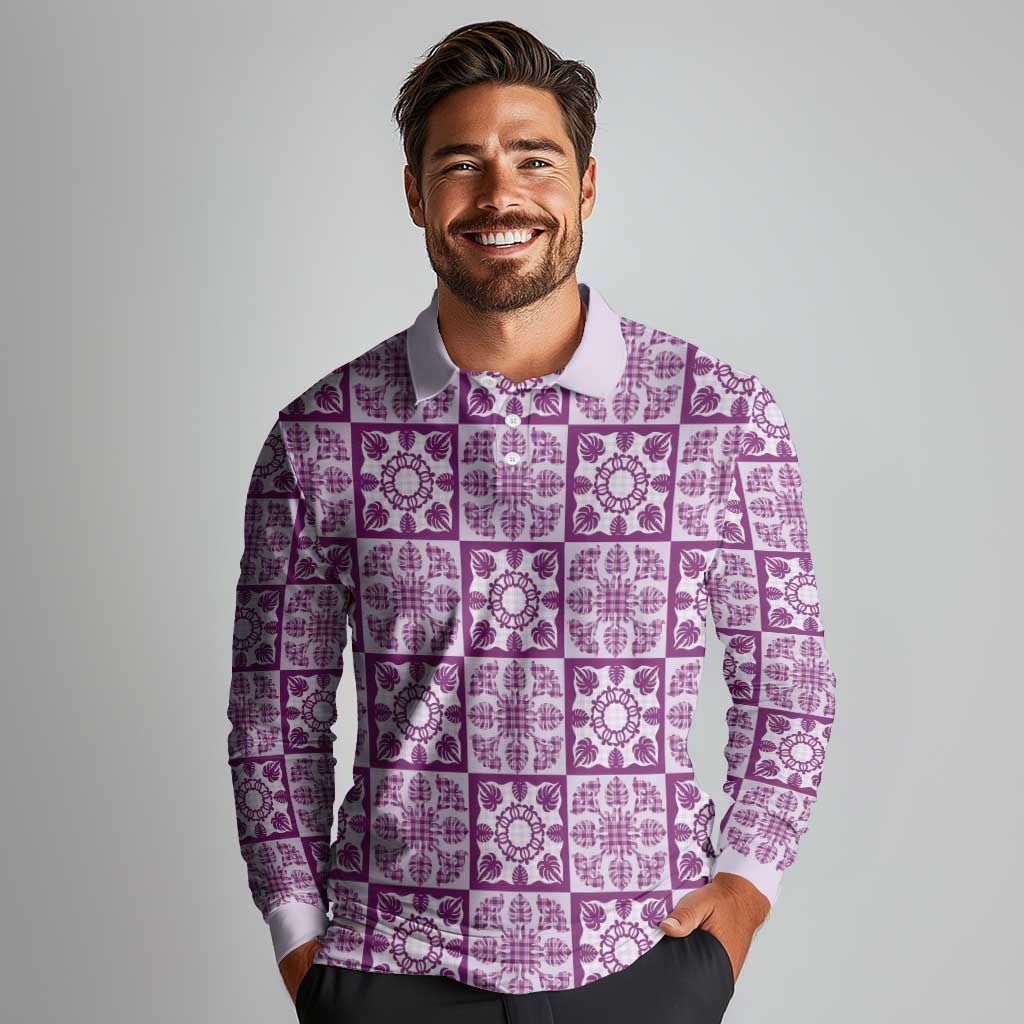 Poni Palaka Quilt Hawaii Long Sleeve Polo Shirt Hawaiian Tropical Monstera Sea Turtle LT14 - Polynesian Pride