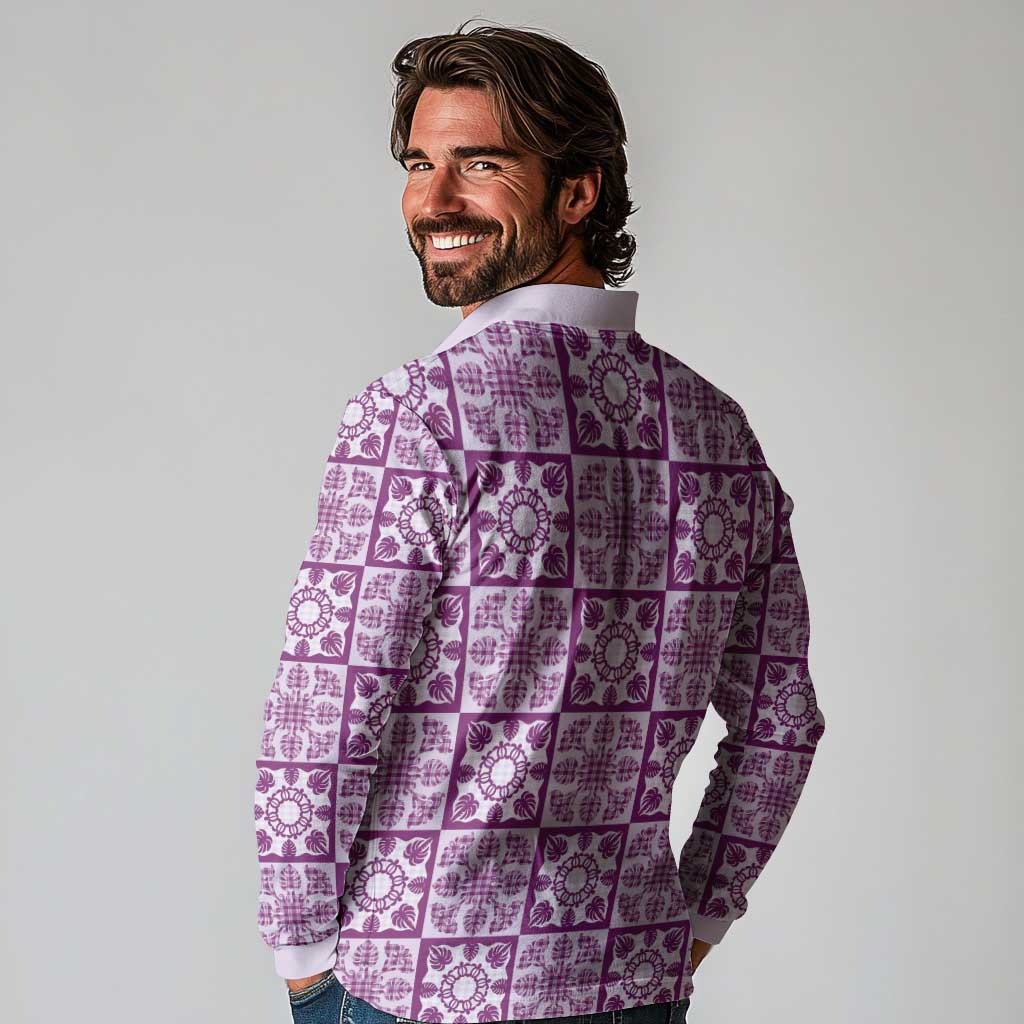 Poni Palaka Quilt Hawaii Long Sleeve Polo Shirt Hawaiian Tropical Monstera Sea Turtle LT14 - Polynesian Pride