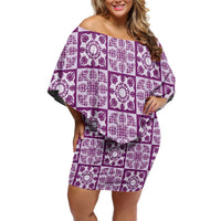 Poni Palaka Quilt Hawaii Off Shoulder Short Dress Hawaiian Tropical Monstera Sea Turtle