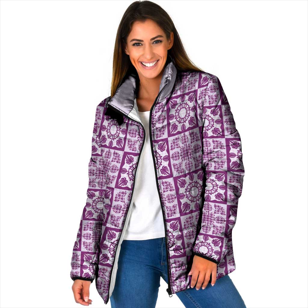 Poni Palaka Quilt Hawaii Padded Jacket Hawaiian Tropical Monstera Sea Turtle LT14 Women Purple - Polynesian Pride