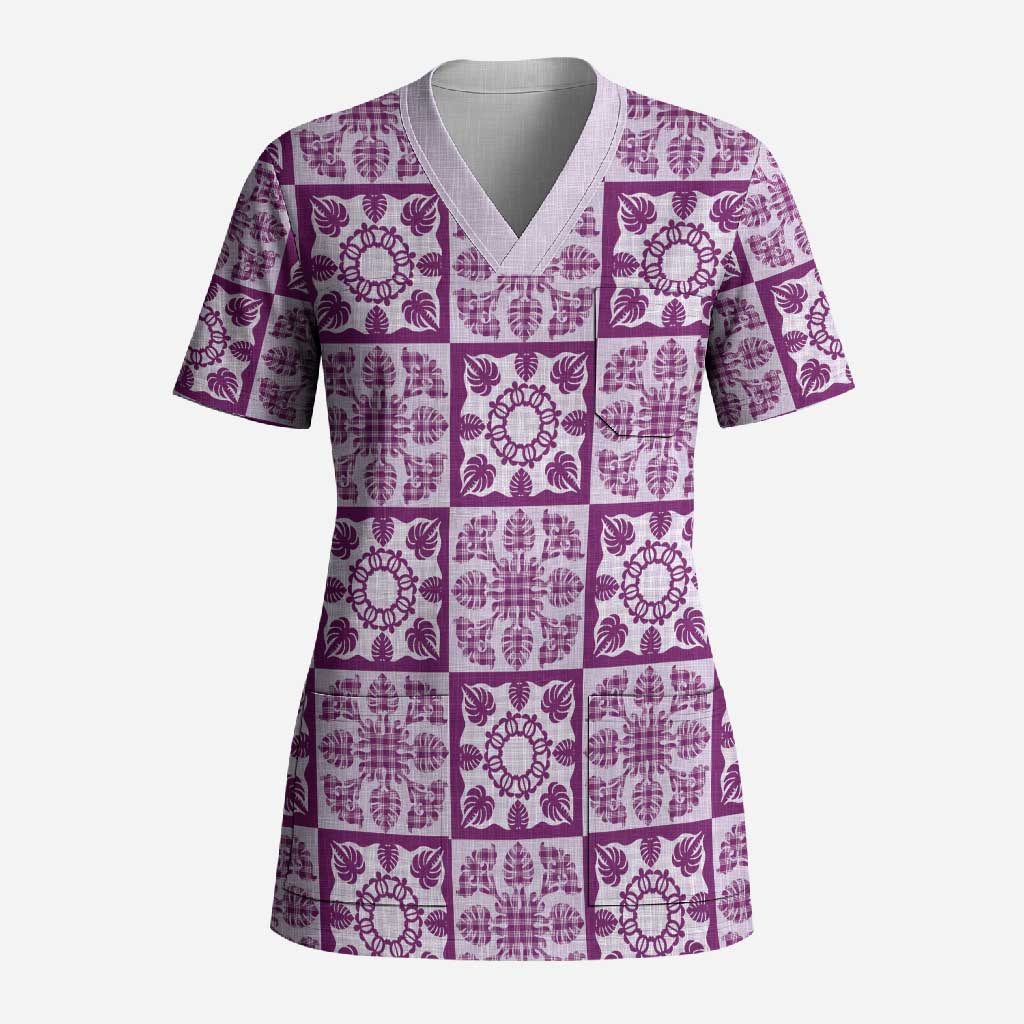 Poni Palaka Quilt Hawaii Scrub Top Hawaiian Tropical Monstera Sea Turtle LT14 Adult Purple - Polynesian Pride