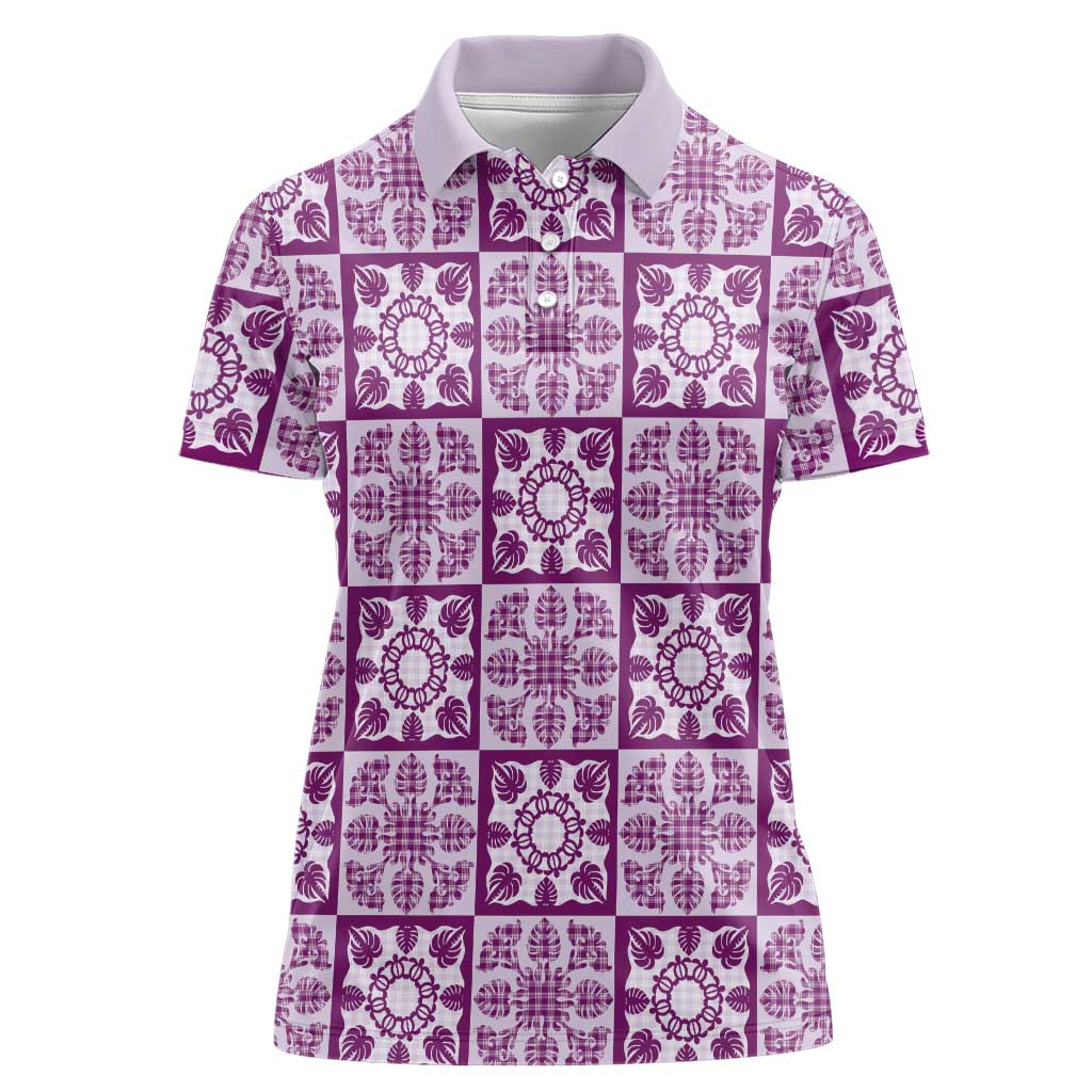 Poni Palaka Quilt Hawaii Women Polo Shirt Hawaiian Tropical Monstera Sea Turtle LT14 Female Purple - Polynesian Pride