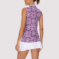 Poni Palaka Quilt Hawaii Women Sleeveless Polo Shirt Hawaiian Tropical Monstera Sea Turtle LT14 - Polynesian Pride