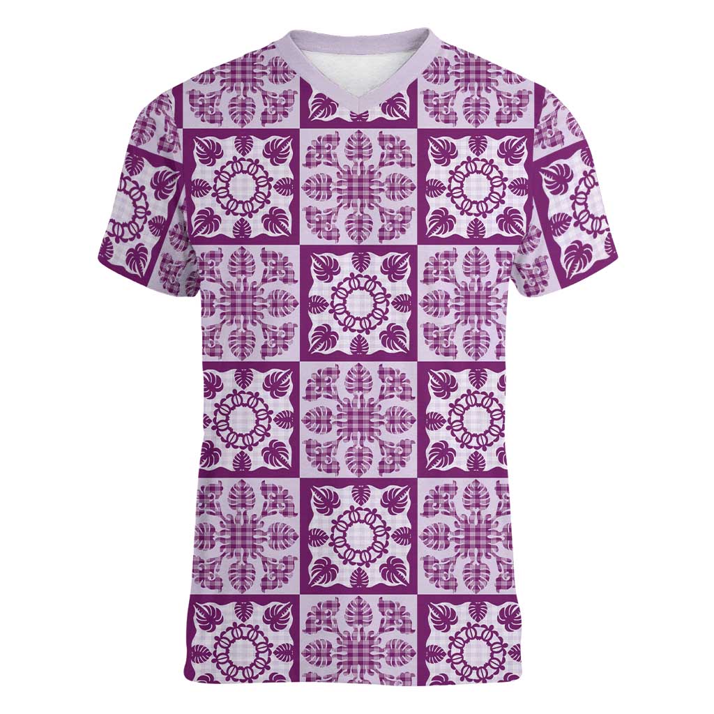Poni Palaka Quilt Hawaii Women V-Neck T-Shirt Hawaiian Tropical Monstera Sea Turtle LT14 Female Purple - Polynesian Pride