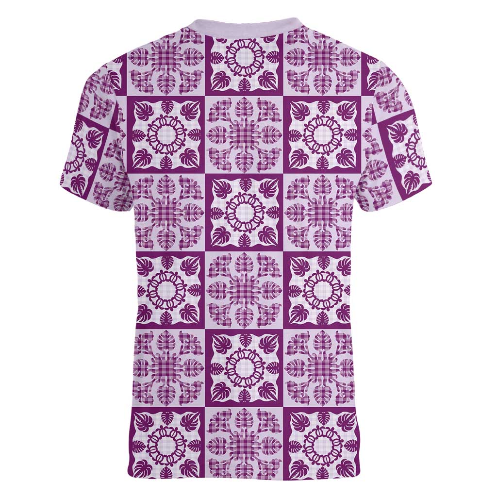 Poni Palaka Quilt Hawaii Women V-Neck T-Shirt Hawaiian Tropical Monstera Sea Turtle LT14 - Polynesian Pride