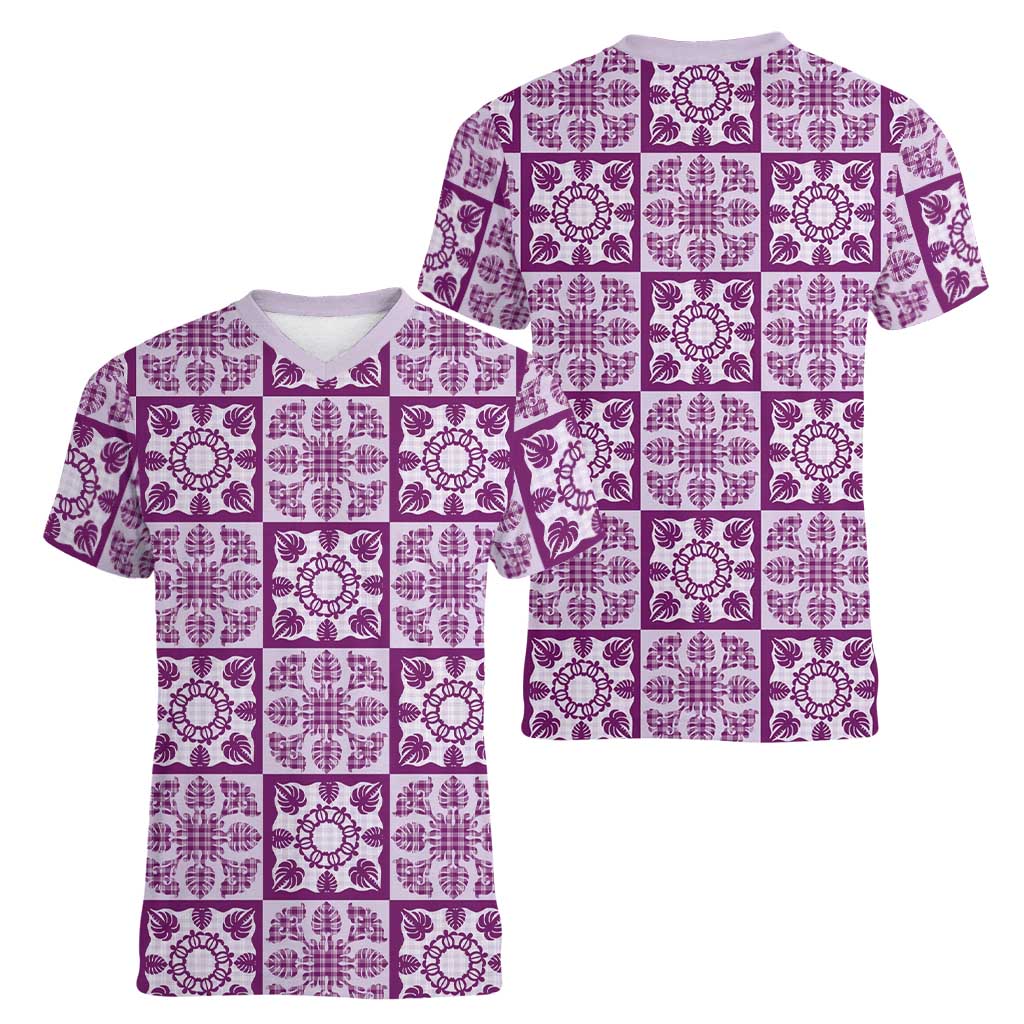 Poni Palaka Quilt Hawaii Women V-Neck T-Shirt Hawaiian Tropical Monstera Sea Turtle LT14 - Polynesian Pride