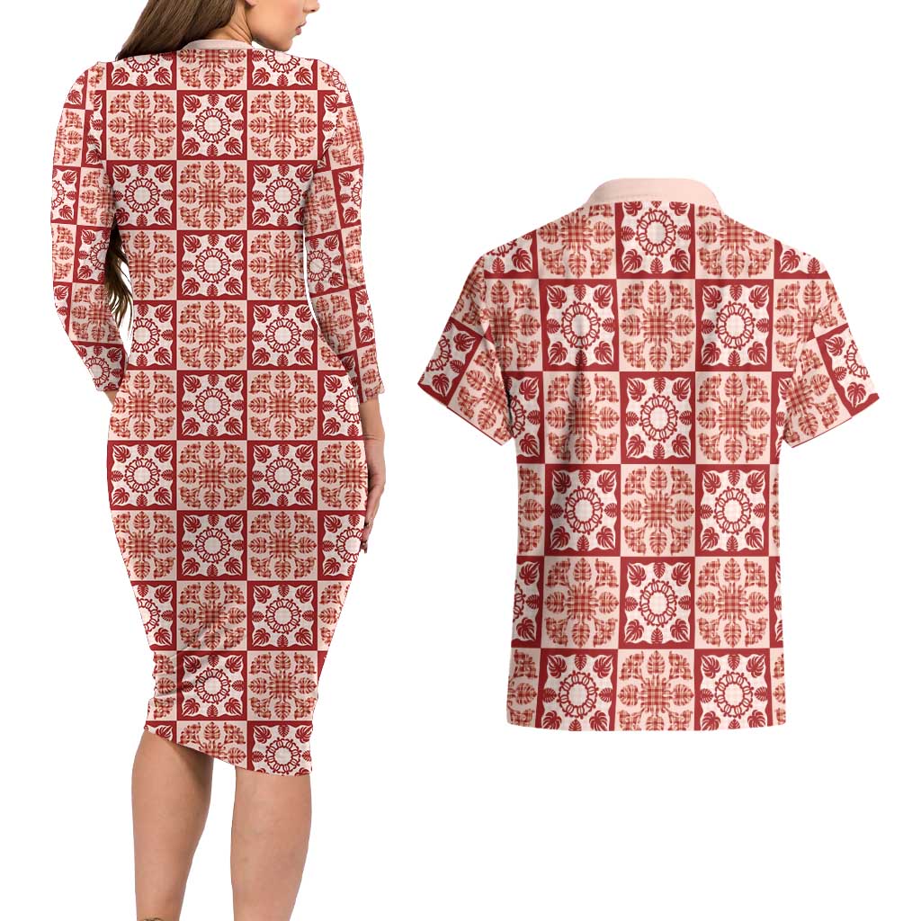 Ulaula Palaka Quilt Hawaii Couples Matching Long Sleeve Bodycon Dress and Hawaiian Shirt Hawaiian Tropical Monstera Sea Turtle LT14 - Polynesian Pride