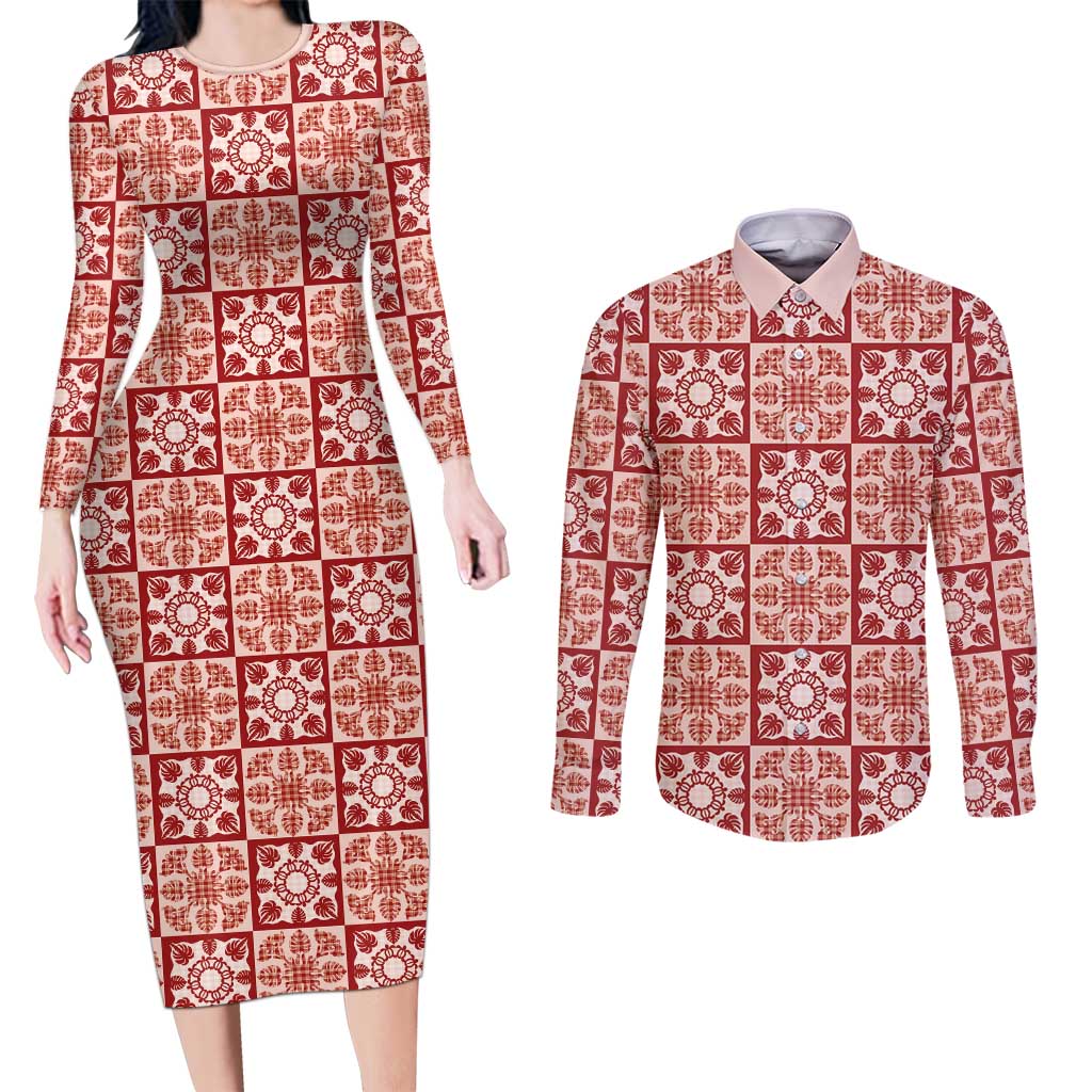 Ulaula Palaka Quilt Hawaii Couples Matching Long Sleeve Bodycon Dress and Long Sleeve Button Shirt Hawaiian Tropical Monstera Sea Turtle