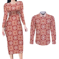 Ulaula Palaka Quilt Hawaii Couples Matching Long Sleeve Bodycon Dress and Long Sleeve Button Shirt Hawaiian Tropical Monstera Sea Turtle LT14 Red - Polynesian Pride
