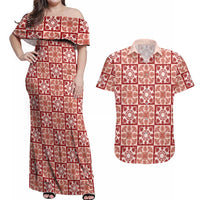 Ulaula Palaka Quilt Hawaii Couples Matching Off Shoulder Maxi Dress and Hawaiian Shirt Hawaiian Tropical Monstera Sea Turtle LT14 Red - Polynesian Pride