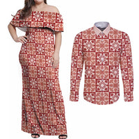 Ulaula Palaka Quilt Hawaii Couples Matching Off Shoulder Maxi Dress and Long Sleeve Button Shirt Hawaiian Tropical Monstera Sea Turtle LT14 Red - Polynesian Pride