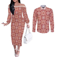 Ulaula Palaka Quilt Hawaii Couples Matching Off The Shoulder Long Sleeve Dress and Long Sleeve Button Shirt Hawaiian Tropical Monstera Sea Turtle LT14 Red - Polynesian Pride
