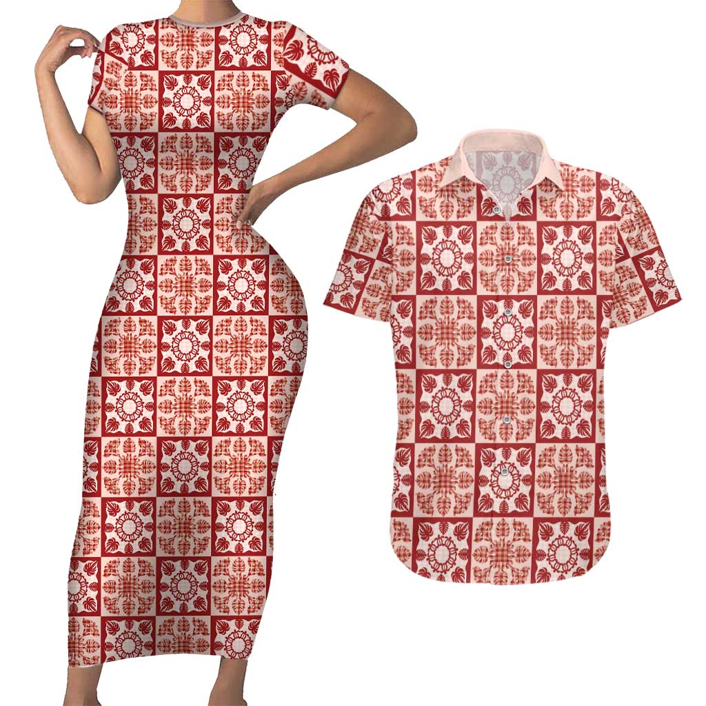 Ulaula Palaka Quilt Hawaii Couples Matching Short Sleeve Bodycon Dress and Hawaiian Shirt Hawaiian Tropical Monstera Sea Turtle LT14 Red - Polynesian Pride