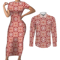 Ulaula Palaka Quilt Hawaii Couples Matching Short Sleeve Bodycon Dress and Long Sleeve Button Shirt Hawaiian Tropical Monstera Sea Turtle LT14 Red - Polynesian Pride
