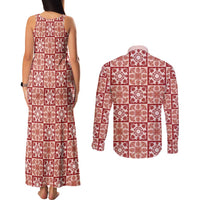 Ulaula Palaka Quilt Hawaii Couples Matching Tank Maxi Dress and Long Sleeve Button Shirt Hawaiian Tropical Monstera Sea Turtle LT14 - Polynesian Pride