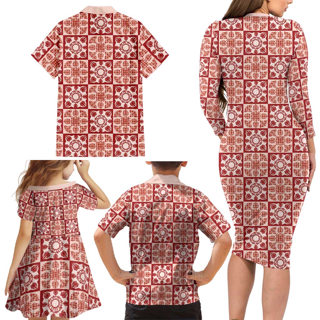 Ulaula Palaka Quilt Hawaii Family Matching Long Sleeve Bodycon Dress and Hawaiian Shirt Hawaiian Tropical Monstera Sea Turtle LT14 - Polynesian Pride