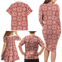 Ulaula Palaka Quilt Hawaii Family Matching Long Sleeve Bodycon Dress and Hawaiian Shirt Hawaiian Tropical Monstera Sea Turtle LT14 - Polynesian Pride