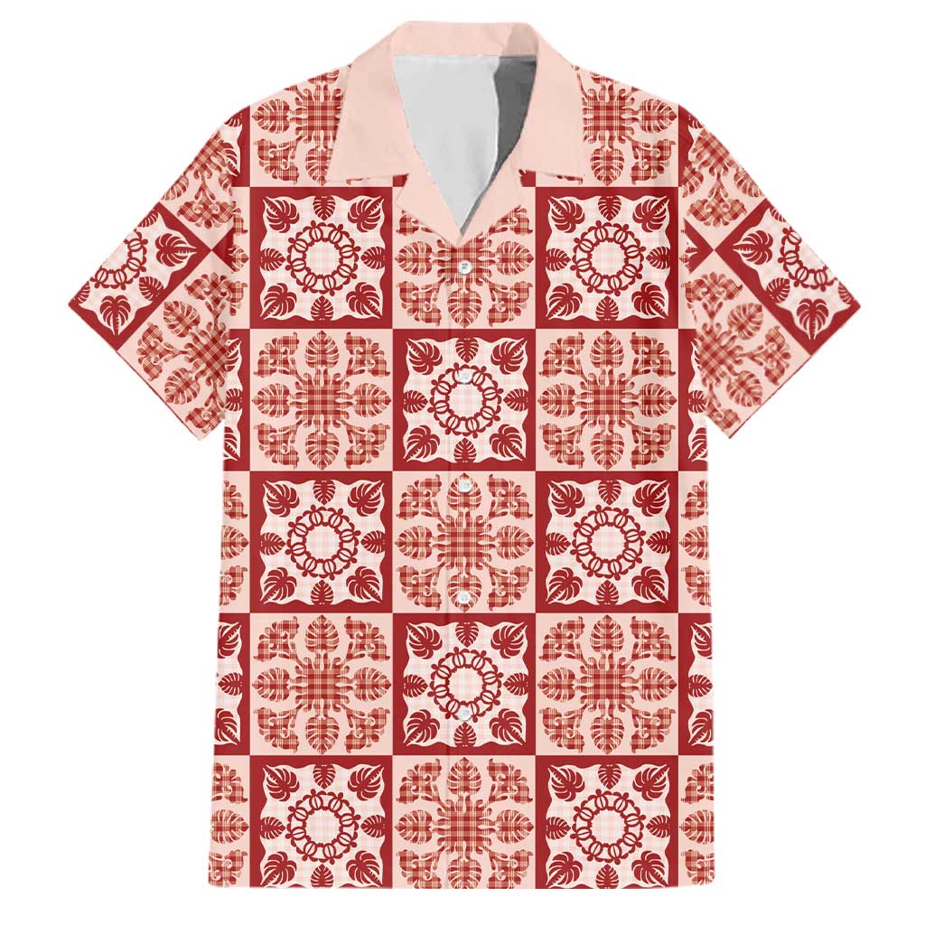 Ulaula Palaka Quilt Hawaii Family Matching Long Sleeve Bodycon Dress and Hawaiian Shirt Hawaiian Tropical Monstera Sea Turtle LT14 Dad's Shirt - Short Sleeve Red - Polynesian Pride